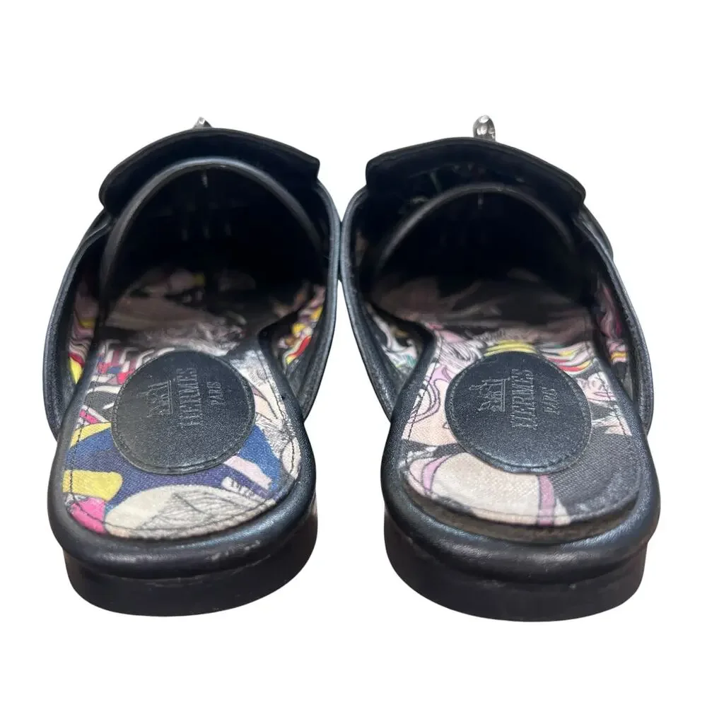 Hermes Oz Mules Black Leather Silver Kelly Buckle Slip On Mules Size 40 US 10